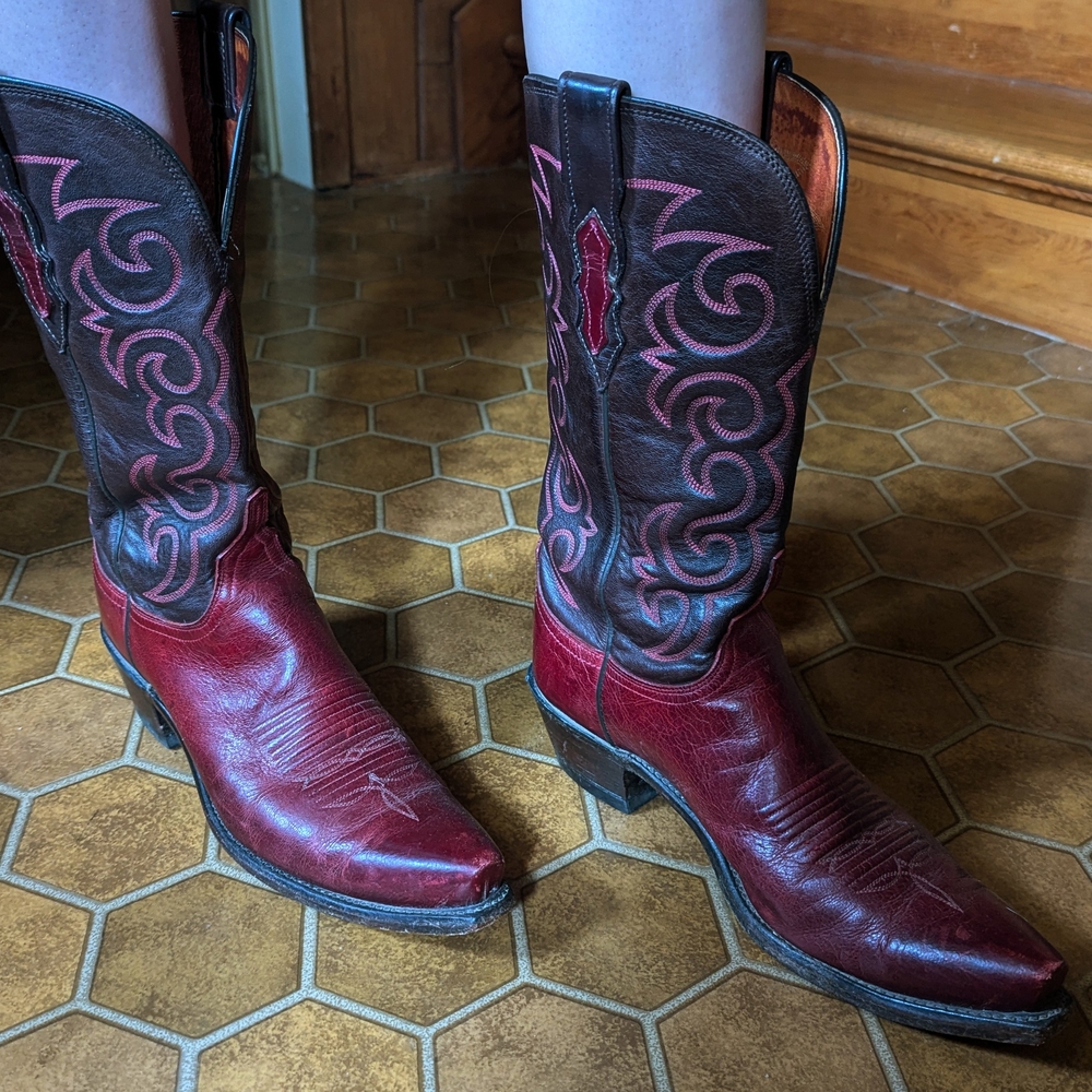 Lucchese Red and Black Heeled Boots with Western Stitching